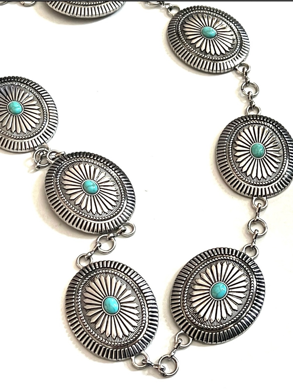 Concho Belt Silvertone with Turquoise Cabachons - Picture 3 of 9